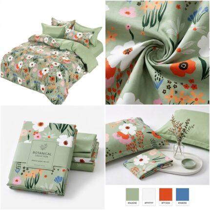 lenjerie de pat bumbac finet 6 piese model botanic verde cu flori Concept Home