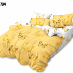 Lenjerie de pat fluturi 734 din bumbac finet, model reversibil cu fundal galben și fluturi albi pe o față, iar pe cealaltă față fundal alb cu fluturi galbeni, set 6 piese pentru 2 persoane