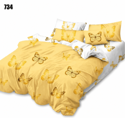 Lenjerie de pat fluturi 734 din bumbac finet, model reversibil cu fundal galben și fluturi albi pe o față, iar pe cealaltă față fundal alb cu fluturi galbeni, set 6 piese pentru 2 persoane