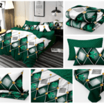Lenjerie pucioasa 822 din bumbac finet verde cu trifoi, romburi geometrice și accente aurii