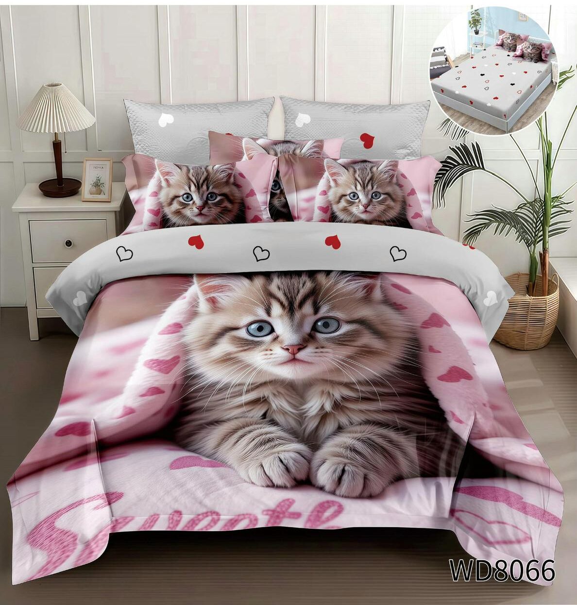7800f050-b957-44b4-ab64-6e8d2c0770dd Lenjerie pat dublu cu pisici 5D DIGITAL PRINT cu elastic 5D88 - imagine 1