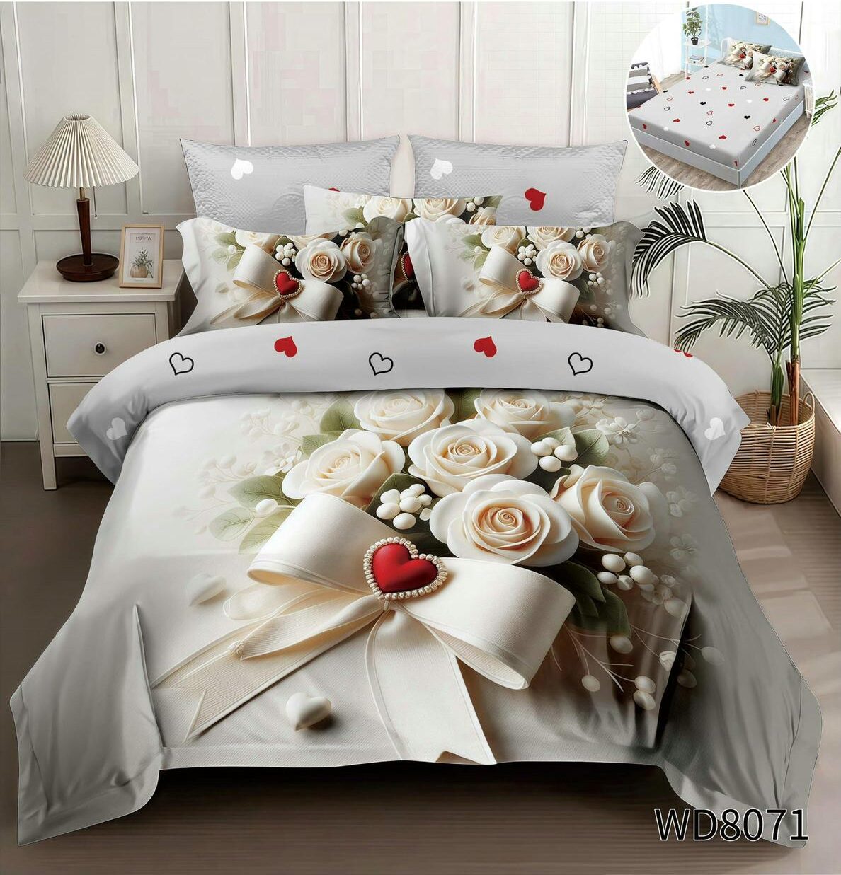 a7059e70-f8b3-43c8-a100-07f209542b76 Lenjerie pat dublu cu fundite 5D DIGITAL PRINT cu elastic 5D89 - imagine 1