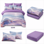 Lenjerie de pat 5D99 mov cu scoici, perle și imprimeu 5D, prevăzută cu cearceaf cu elastic. Model elegant în nuanțe de lila și violet.