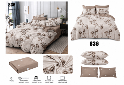 Alege modelul 836, un set elegant de pat cu imprimeu floral în nuanțe de crem, bej, taupe și maro cappuccino. Designul cu trandafiri delicați oferă rafinament dormitorului, iar setul conține 6 piese cu dimensiuni generoase pentru pat dublu.