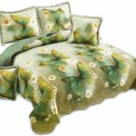 Cuvertură de pat din bumbac verde cu fluturi și flori – 230x250 cm