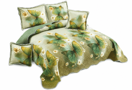 Cuvertură de pat din bumbac verde cu fluturi și flori – 230x250 cm