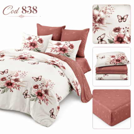Alege modelul 838, o lenjerie de pat din finet cu imprimeu elegant, flori delicate, fluturi decorativi și nuanțe rafinate de alb crem, roz prăfuit și maro-terracotta.