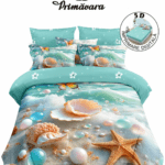 Lenjerie de pat 5D din bumbac satinat, albastră cu stele de mare, scoici și perle, digital print și cearceaf cu elastic.
