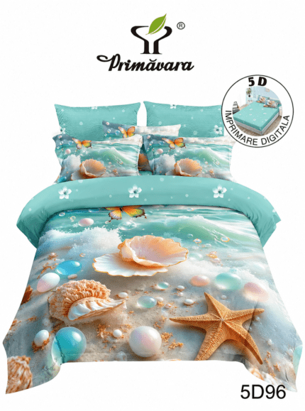 Lenjerie de pat 5D din bumbac satinat, albastră cu stele de mare, scoici și perle, digital print și cearceaf cu elastic.