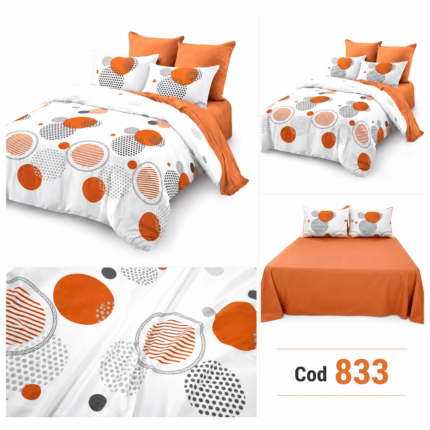 Lenjerie din finet 833, set de 6 piese cu buline portocalii, gri și albe. Design modern, dimensiuni generoase și material plăcut la atingere.