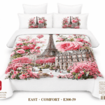 Cuvertura de pat din catifea albă cu Turnul Eiffel și flori roz – 5 piese