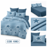 Lenjerie din finet 1083 în nuanțe de bleu și albastru, decorată cu stele elegante. Set din 6 piese, ideal pentru un dormitor modern și confortabil.