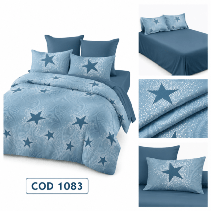 Lenjerie din finet 1083 în nuanțe de bleu și albastru, decorată cu stele elegante. Set din 6 piese, ideal pentru un dormitor modern și confortabil.