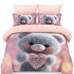 Lenjerie de pat 5D95 din bumbac satinat, roz, cu ursuleț pufos și inimă strălucitoare, imprimeu digital 5D și design romantic.
