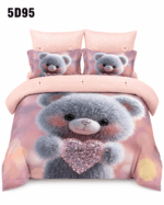 Lenjerie de pat 5D95 din bumbac satinat, roz, cu ursuleț pufos și inimă strălucitoare, imprimeu digital 5D și design romantic.