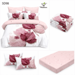 Lenjerie de pat 5D98 din bumbac satinat, albă cu frunze roz și bordo, imprimeu 5D și cearceaf cu elastic. Model elegant și modern.