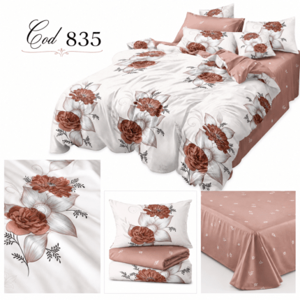 Lenjerie din finet 835, set 6 piese în nuanțe de roz pudrat, alb și maro-cărămiziu, cu flori elegante. Dimensiuni generoase pentru pat matrimonial.