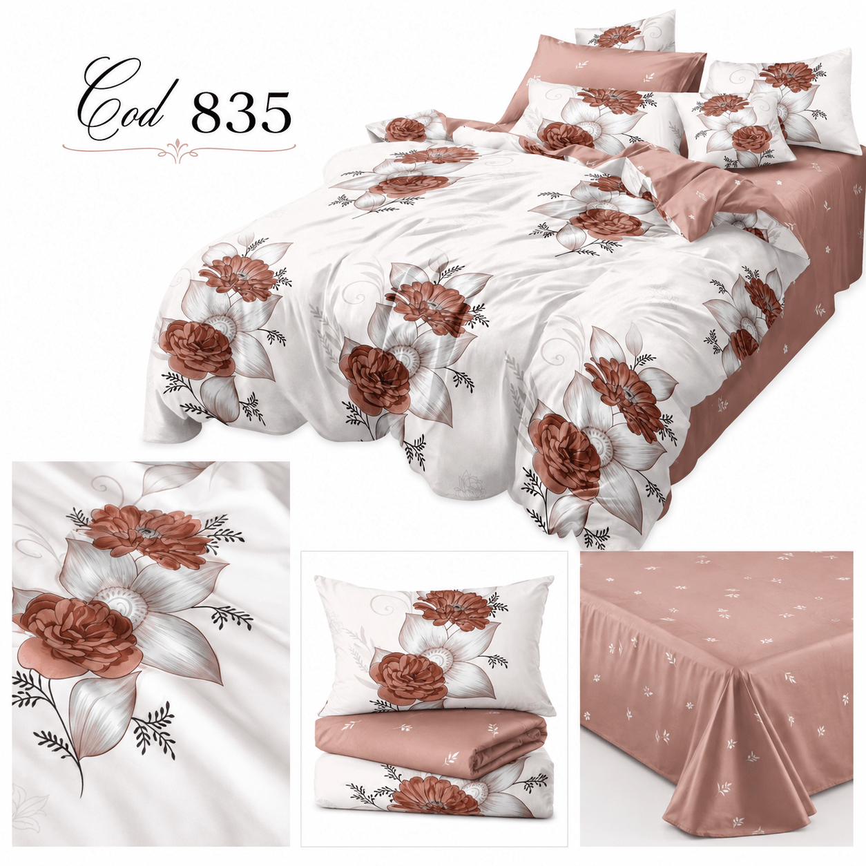 Lenjerie din finet 835, 6 piese – Model floral elegant Lenjerie din finet 835, set 6 piese în nuanțe de roz pudrat, alb și maro-cărămiziu, cu flori elegante. Dimensiuni generoase pentru pat matrimonial.