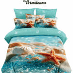 Lenjerie de pat 5D din bumbac satinat, albastră cu stele de mare, scoici și perle, digital print și cearceaf cu elastic.