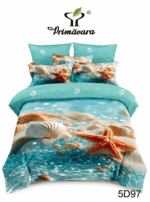 Lenjerie de pat 5D din bumbac satinat, albastră cu stele de mare, scoici și perle, digital print și cearceaf cu elastic.