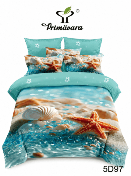 Lenjerie de pat 5D din bumbac satinat, albastră cu stele de mare, scoici și perle, digital print și cearceaf cu elastic.