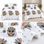 Cuvertura de Pat cu bufnite din bumbac + 4 Fete Perne CV353