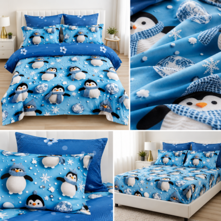 Lenjerie pat dublu 5 D DIGITAL PRINT cu elastic pinguini 5D03