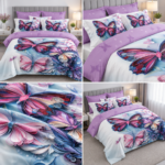 Lenjerie pat dublu 5 D DIGITAL PRINT fluturi cu elastic 5D22