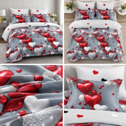 Lenjerie pat dublu 5 D DIGITAL PRINT inimi cu elastic 5D07