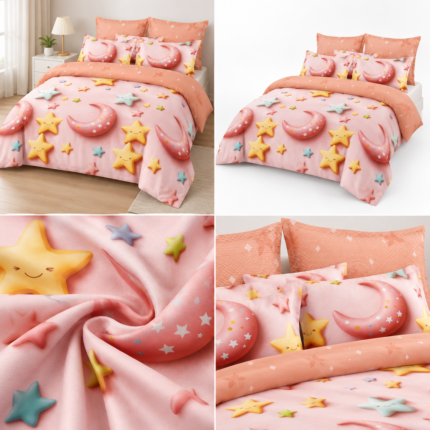 Lenjerie pat dublu 5 D DIGITAL PRINT LUNA STELE cu elastic 5D30