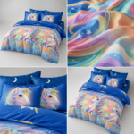 Lenjerie pat dublu cu elastic 6 piese unicorni KT02
