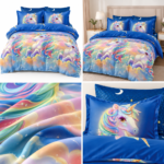 Lenjerie pat dublu cu elastic 6 piese unicorni KT02