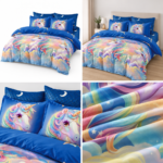 Lenjerie pat dublu cu elastic 6 piese unicorni KT02