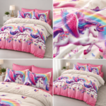 Lenjerie pat dublu cu elastic 6 piese unicorni KT03