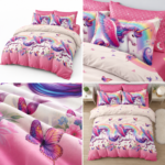Lenjerie pat dublu cu elastic 6 piese unicorni KT03