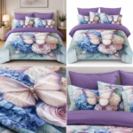 Lenjerie pat dublu cu fluturi 5 D DIGITAL PRINT cu elastic 6 piese 5D81