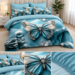 Lenjerie pat dublu cu fluturi 5 D DIGITAL PRINT cu elastic 6 piese 5D85