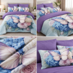 Lenjerie pat dublu cu fluturi 5 D DIGITAL PRINT cu elastic 6 piese 5D81