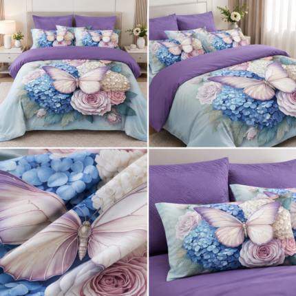 Lenjerie pat dublu cu fluturi 5 D DIGITAL PRINT cu elastic 6 piese 5D81
