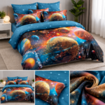 Lenjerie pat dublu cu planete 5D DIGITAL PRINT cu elastic 5D59