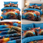 Lenjerie pat dublu cu planete 5D DIGITAL PRINT cu elastic 5D59