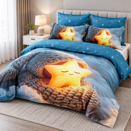 Lenjerie pat dublu cu stele 5D DIGITAL PRINT cu elastic 5D58