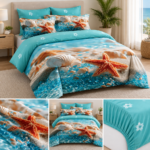 Lenjerie pat dublu cu stele de mare 5D DIGITAL PRINT cu elastic 5D97